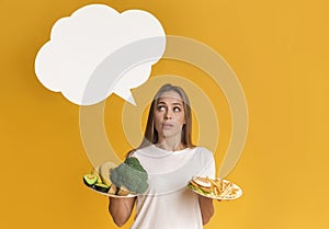 Pensive Woman Holding Plates With Healthy And Unhealthy Food, Counting Callories