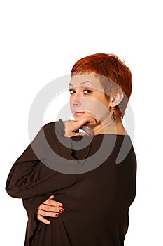 Pensive woman with red hair