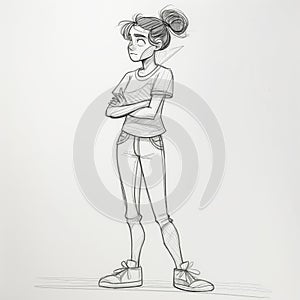 Pensive Young Cartoon Girl Standing with Folded Arms