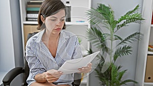 Pensive young hispanic woman immersed in paperwork, doubting amidst a sea of documents in her office, beautiful yet worried,