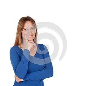 Pensive young woman with blue jersey