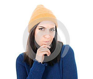 Pensive young woman feeling doubtful, isolated on white background