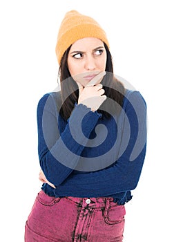 Pensive young woman feeling doubtful, isolated on white background