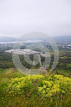 Penstocks carrying water to Fort William aluminium smelter plant, Loch Linnhe in background, cloudy foggy day