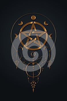 Pentacle circle symbol and Phases of the moon. Boho style Wiccan symbol, full moon, waning, waxing, first quarter, gibbous,