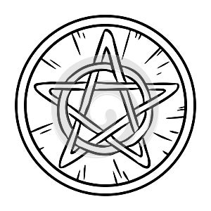 Pentacle occult sign in a circle. Wooden pentagram hand drawn magic doodle. Isolated vector pagan wiccan image