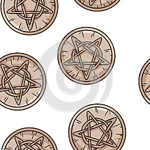 Pentacle occult signs comic style doodles top view seamless pattern. Wooden pentagram hand drawn magic boho template texture