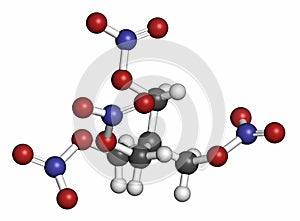 Pentaerythritol tetranitrate (PETN) explosive molecule. Also used as angina drug (nitrate class). 3D rendering. Atoms are