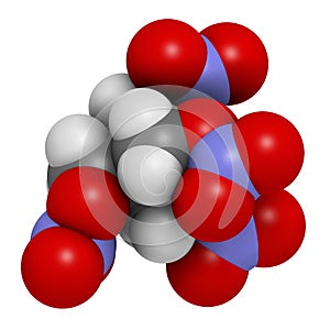 Pentaerythritol tetranitrate (PETN) explosive molecule. Also used as angina drug (nitrate class). Atoms are represented as spheres photo