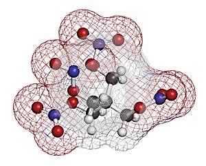 Pentaerythritol tetranitrate (PETN) explosive molecule. Also used as angina drug (nitrate class). Atoms are represented as spheres photo
