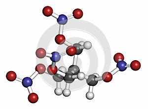 Pentaerythritol tetranitrate (PETN) explosive molecule. Also used as angina drug (nitrate class). 3D rendering. Atoms are photo