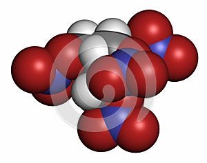 Pentaerythritol tetranitrate (PETN) explosive molecule. Also used as angina drug (nitrate class). 3D rendering. Atoms are photo