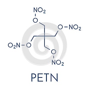 Pentaerythritol tetranitrate PETN explosive molecule. Also used as angina drug nitrate class. Skeletal formula. photo