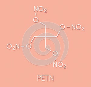 Pentaerythritol tetranitrate PETN explosive molecule. Also used as angina drug nitrate class. Skeletal formula. photo