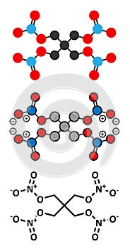 Pentaerythritol tetranitrate (PETN) explosive molecule. Also used as angina drug (nitrate class). Stylized 2D renderings and photo