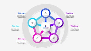 Pentagon abstract diagram with central circle and 5 circles around. Infographic template