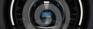 Pentagon podium in spaceship or space station interior Sci Fi tunnel, Banner header for Website,  3D rendering
