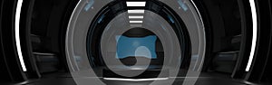 Pentagon podium in spaceship or space station interior Sci Fi tunnel, Banner header for Website,  3D rendering