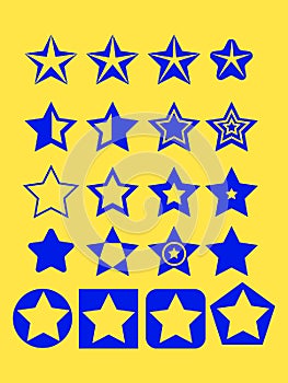 Pentagonal five point blue star collection on yellow background emblem icon design elements, vector illustration