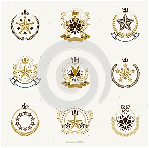 Pentagonal Stars emblems set. Heraldic Coat of Arms. photo