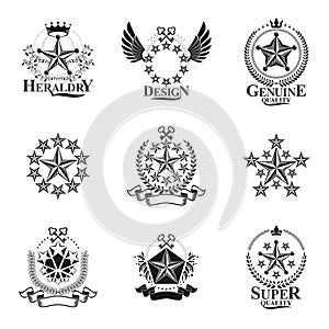 Pentagonal Stars emblems set. Heraldic Coat of Arms, vintage vector logos collection.