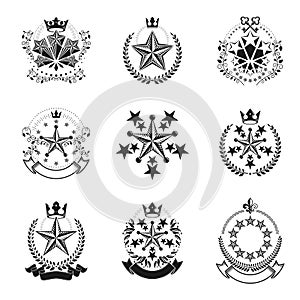 Pentagonal Stars emblems set. Heraldic Coat of Arms, vintage vector logos collection.