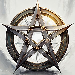 Pentagram art painting of iron pentagram against white watercolor background