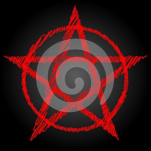 Pentagram blood red runic spell circle. Satanic sign, Magic casting ring. Pentalpha, Pentangle