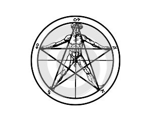 Pentagram and human body, Agrippa, Symbols of the sun and moon are in center, while the other five classical planets photo