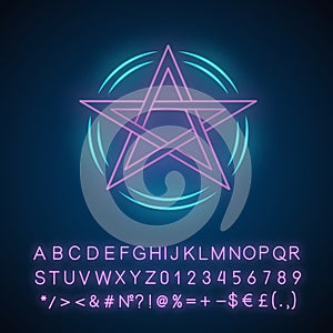 Pentagram neon light icon. Occult ritual pentacle. Devil star. Satanic, wiccan pagan symbol. Witchcraft and diabolic