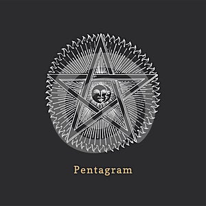 Pentagram with Sun and Crescent, vector illustration in engraving style. Vintage pastiche of esoteric and occult sign. photo