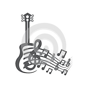 Pentagrama con nots logo design. Guitar with a musical camp and music waves 2 vector images photo