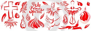Pentecost, Descent of the Holy Spirit, Holy Trinity Day. Set of watercolor elements