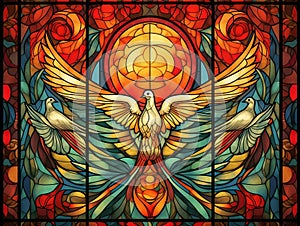 Pentecost Illustration with Flames Descending on Apostles and Dove Symbolizing the Holy Spirit, Vibrant Stained Glass Style photo