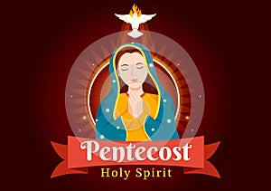 Pentecost Sunday Illustration with Flame and Holy Spirit Dove in Catholics or Christians Religious Culture Holiday Flat Cartoon