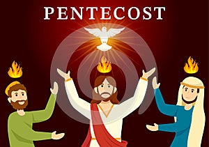 Pentecost Sunday Illustration with Flame and Holy Spirit Dove in Catholics or Christians Religious Culture Holiday Flat Cartoon