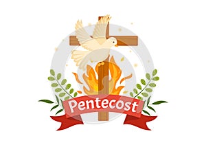 Pentecost Sunday Illustration with Flame and Holy Spirit Dove in Catholics or Christians Religious Culture Holiday Flat Cartoon