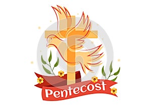 Pentecost Sunday Illustration with Flame and Holy Spirit Dove in Catholics or Christians Religious Culture Holiday Flat Cartoon