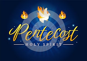 Pentecost Sunday Illustration with Flame and Holy Spirit Dove in Catholics or Christians Religious Culture Holiday Flat Cartoon