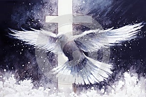 Pentecost background with flying dove and catholic cross in the background. photo