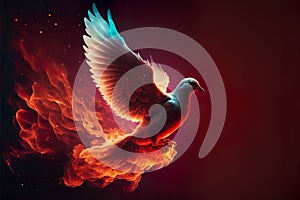 Pentecost Sunday. Pentecost background with flying dove and fire. Created by Generative Al. photo