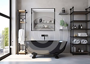 Penthouse bathroom with large window with black bathtub and modern style interiour.AI Generative