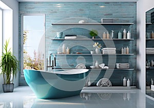 Penthouse bathroom with large window with blue marine bathtub and modern style interiour.Macro.AI Generative