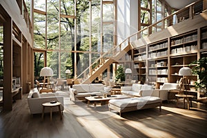penthouse, modern interior design living room with bookshelf, 3d rendering. ia generative