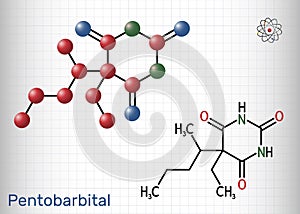 Pentobarbital, pentobarbitone molecule. It is sedative, hypnotic agent. Is used for the treatment of short term insomnia. Sheet of