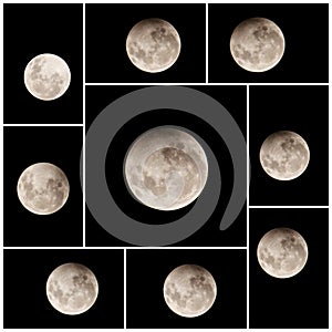 Penumbral lunar eclipse 2020 stages. The phases of a Penumbral lunar eclipse `Strawberry Moon`from earth. Super Earth Moon. photo