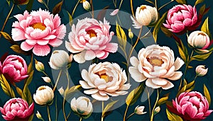 Peonies flowers design oil painting. Pink peony, roses with green leaves floral