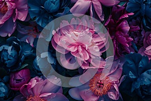 Peonies in full bloom. Dark floral banner. Generative AI