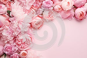 Peonies, roses on pink background with copy space. Abstract natural floral frame layout with text space. Romantic feminine