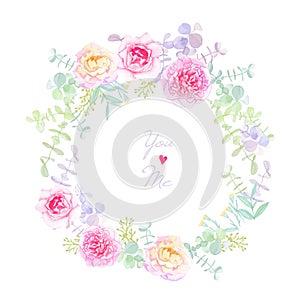 Peonies and roses wedding wreath vector card
